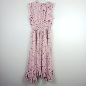 LULUS| Floral Flowy Smock Waist Handkerchief Ruffle Hemline Blush Pink Dress XL
